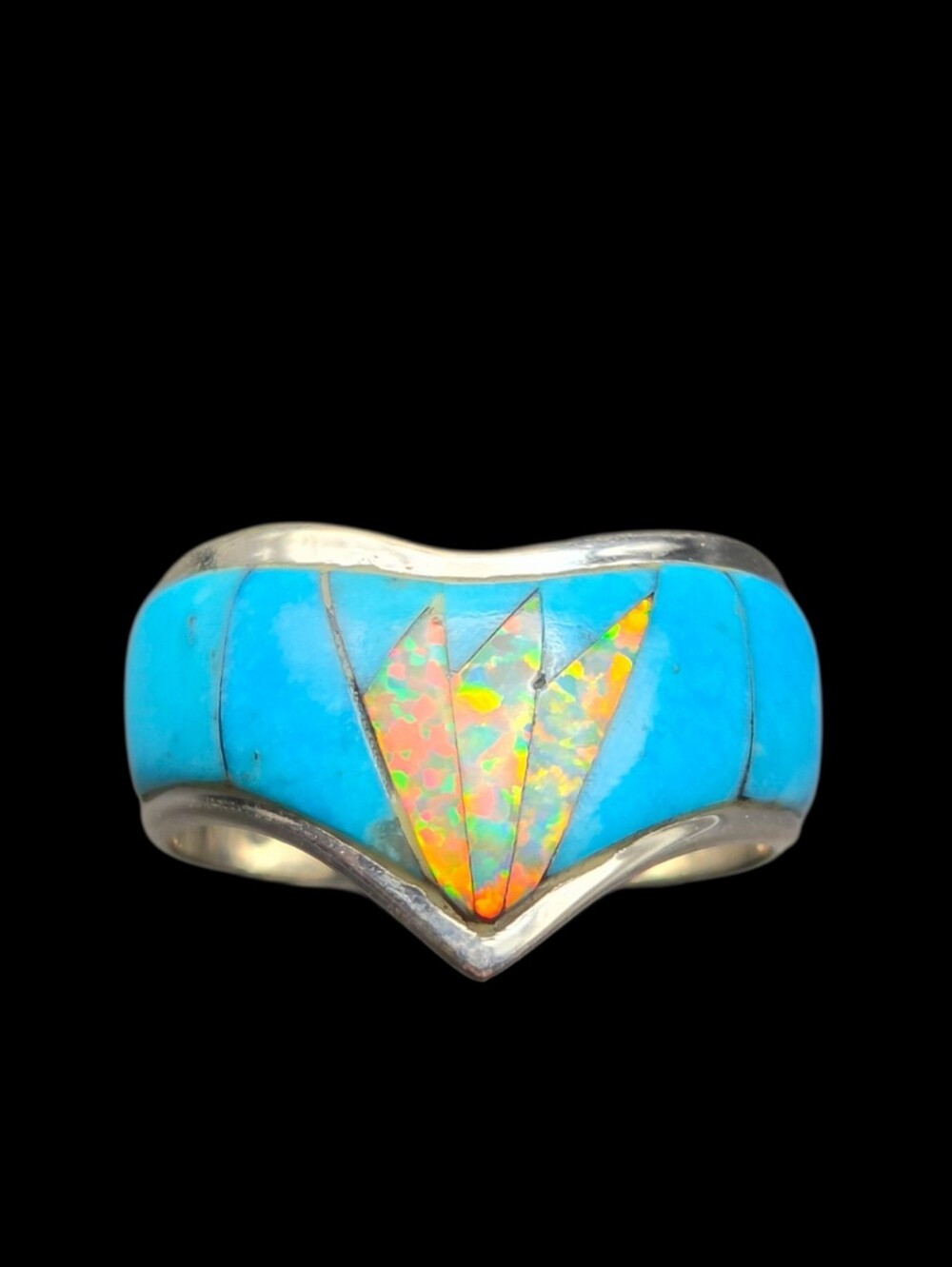 Turquoise and Opal Inlay Women's Silver Band Ring 8